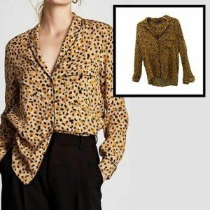 ZARA Women's Brown Black Blouse SMALL‎ Animal Collared Long Sleeves Button Front